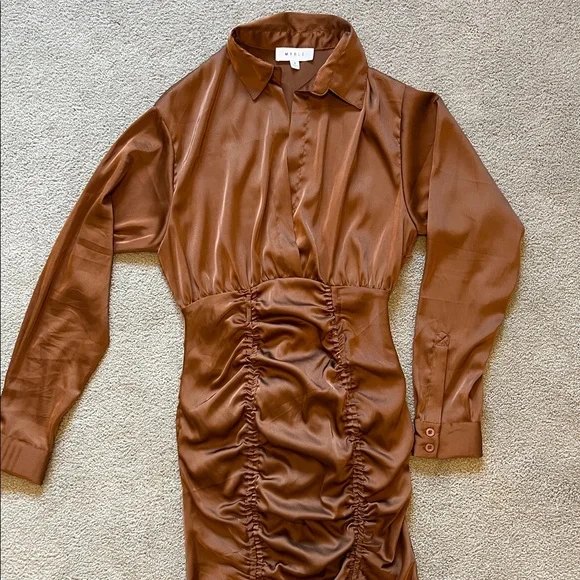 Mable Brown Satin Rouched Mini Dress Size Small - Picture 1 of 7